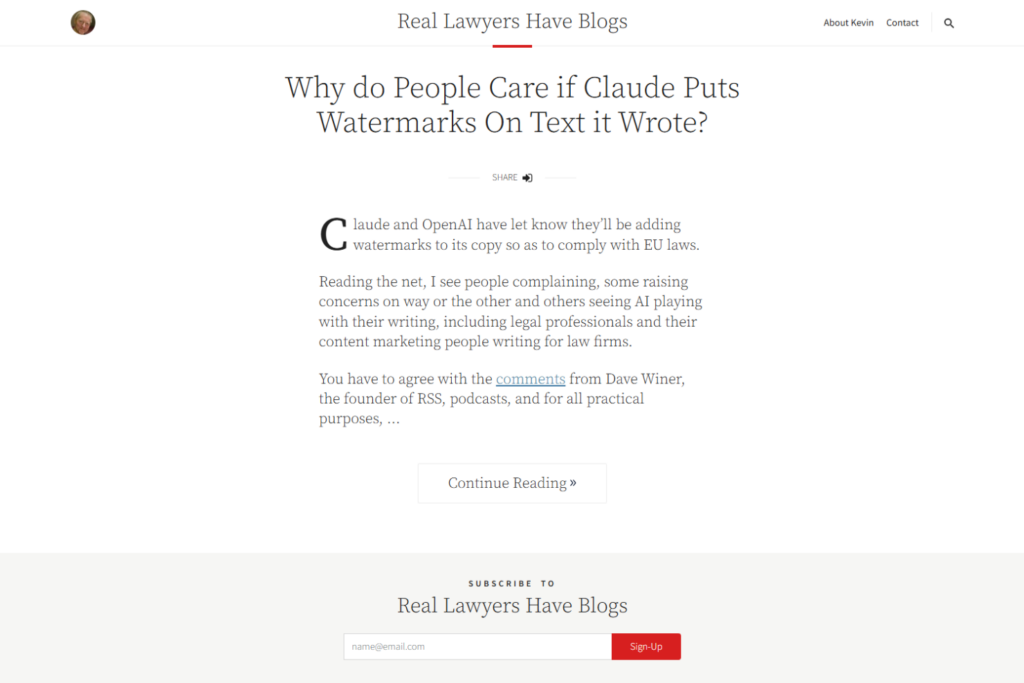 Real Lawyers Have Blogs discussing AI watermarks and legal content publishing