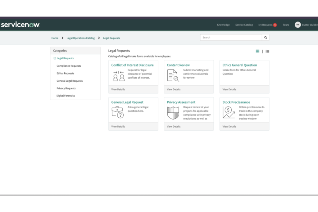 ServiceNow configura formularios de recepción legales para recopilar todos los detalles de la solicitud.