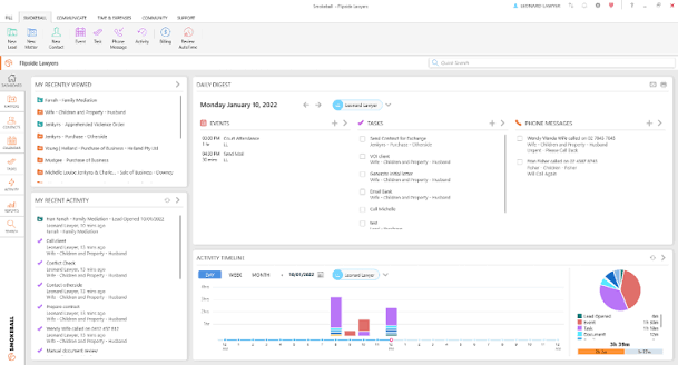 Smokeball law firm software dashboard showing recent matters, tasks, phone messages, events, and activity timelines