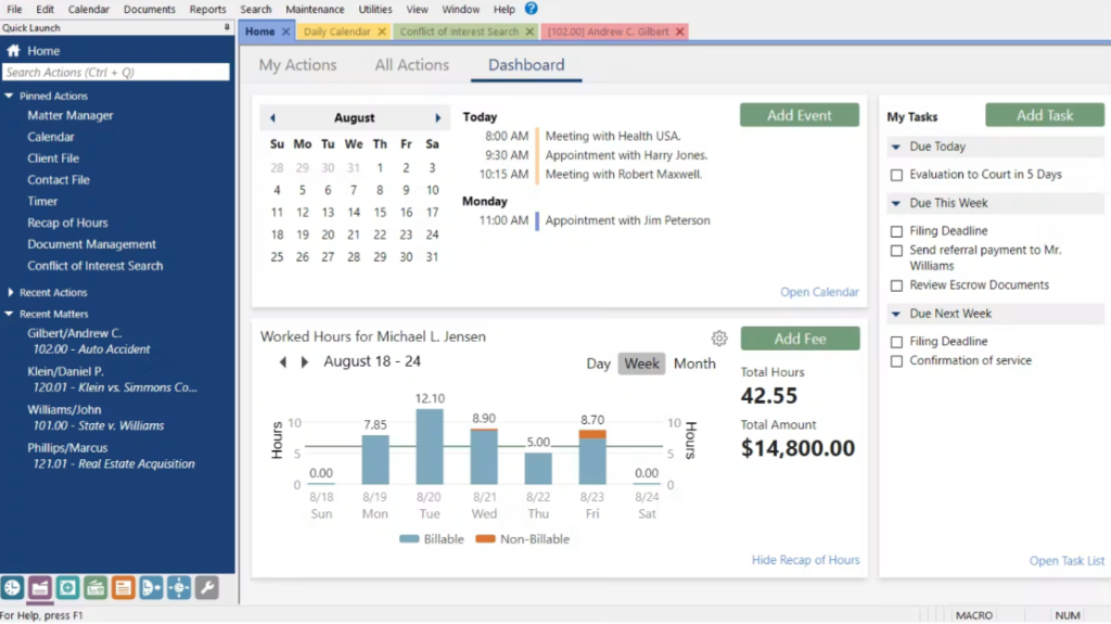 Tabs3 dashboard workflow showing calendar events, task tracking, worked hours, billable time, and legal matter management