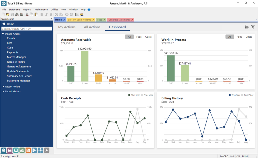 Tabs3 Billing dashboard with accounts receivable, work-in-progress, cash receipts, and billing history charts