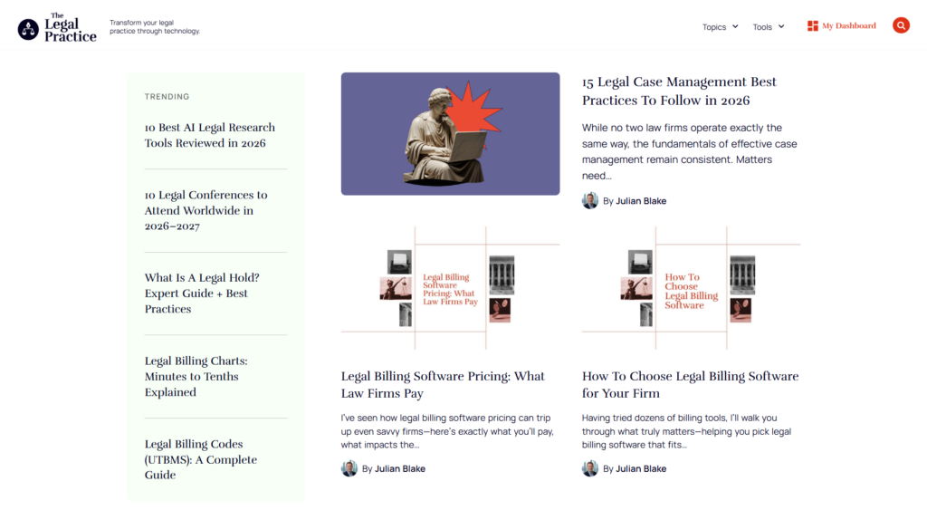 Die Seite von The Legal Practice mit Artikeln zu Fallverwaltung und Abrechnung