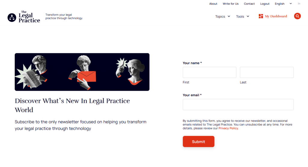 The Legal Practice newsletter subscription page for legal technology updates
