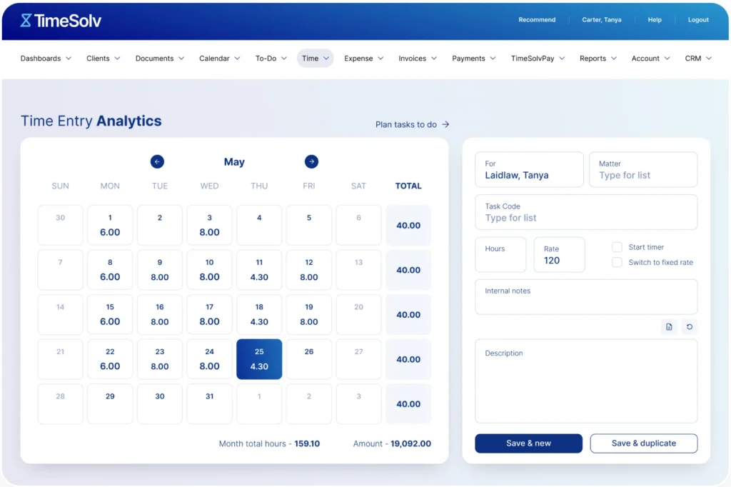 TimeSolv dashboard showing a monthly time-entry calendar, billable hours, rates, task codes, and total amount