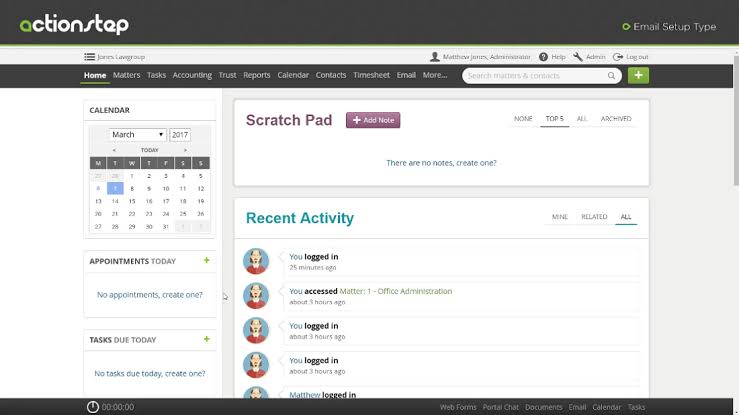 Actionstep legal case management software dashboard showing a calendar, appointments, tasks, scratch pad, matter navigation, and recent activity