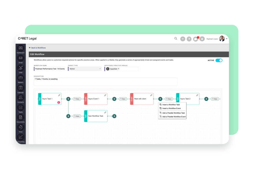CARET Legal workflow builder for managing legal case management processes with structured tasks, events, and configurable matter workflows