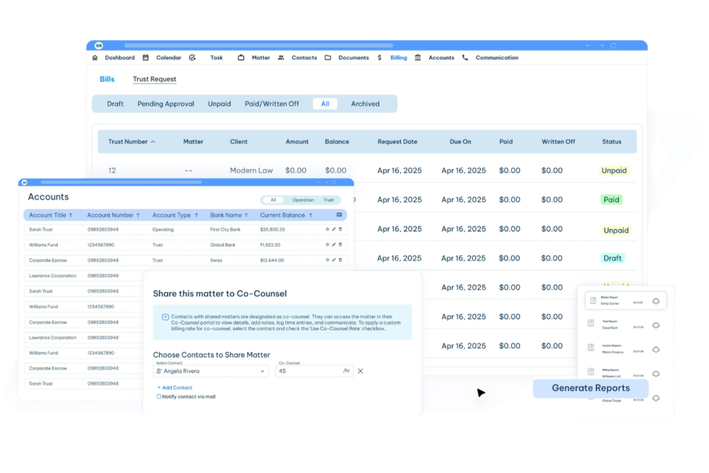 MatterSuite e-billing dashboard showing invoices, trust accounts, payment status, co-counsel sharing, and reporting tools for tracking legal spend.