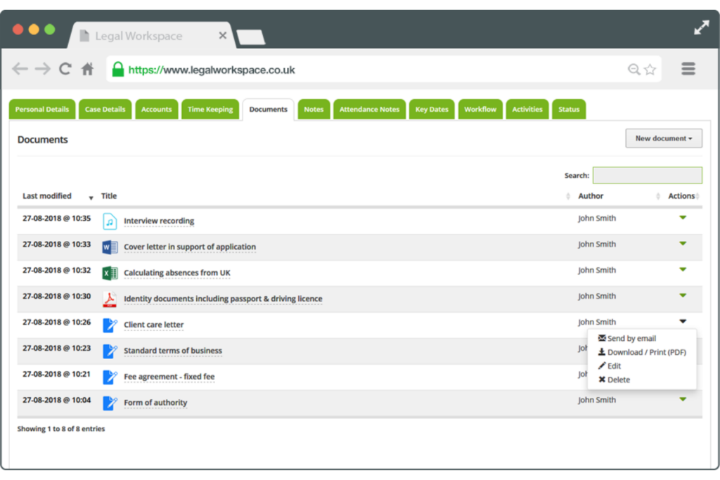 Legal Workspace document management system showing matter-level file organization, document records, and file actions for legal case management.