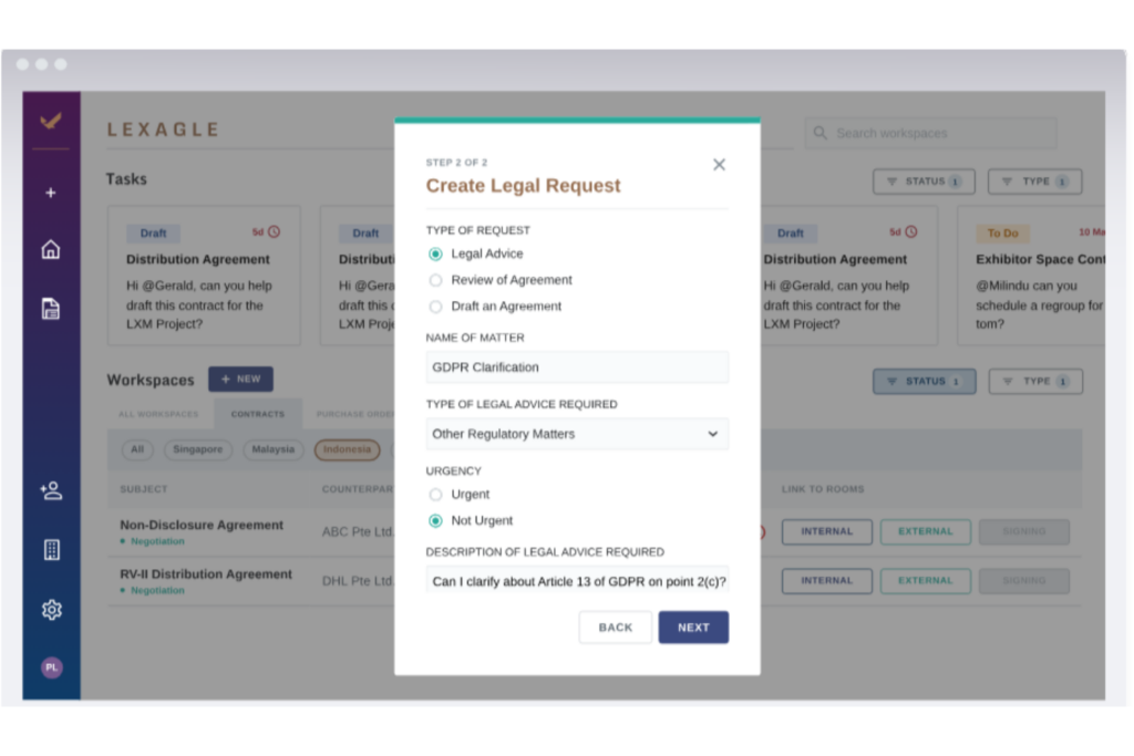 Lexagle legal request form showing matter details, request type, urgency, and review information that can support governed AI-assisted legal workflows.