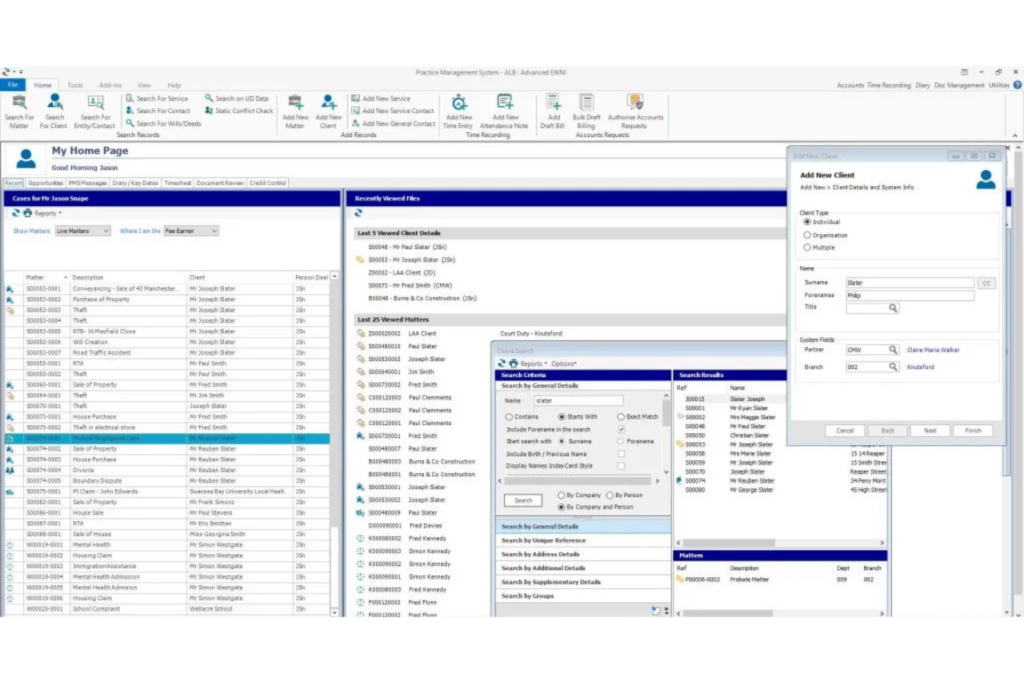 MatterLink practice management dashboard showing active matters, client records, case searches, and new client entry tools.