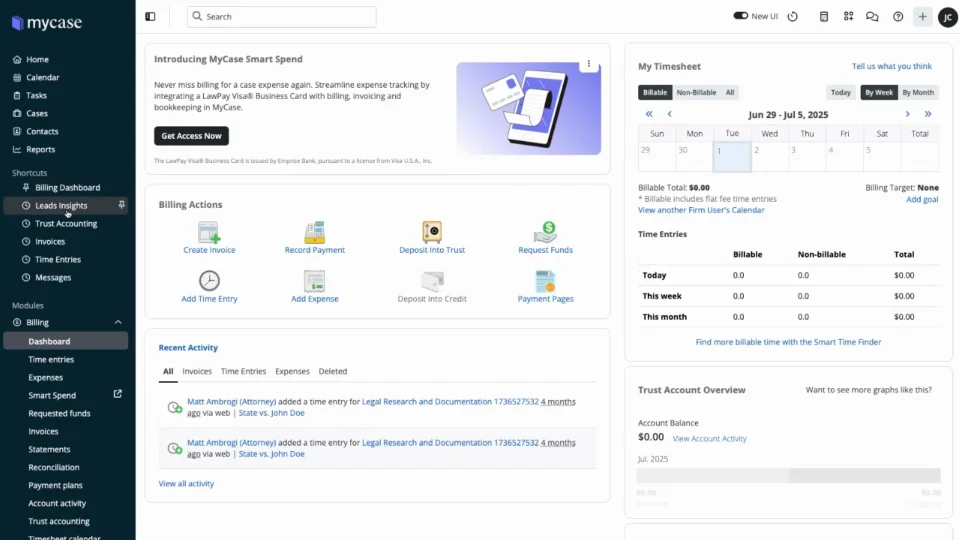 MyCase legal case management software dashboard showing billing actions, timesheets, time entries, trust account balances, invoices, and recent case activity