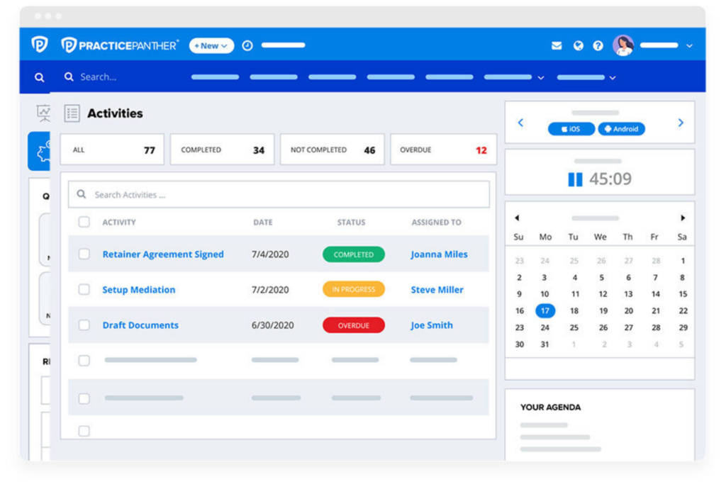 PracticePanther activities dashboard showing assigned legal tasks, due dates, completion status, overdue work, and a shared calendar for deadline tracking.