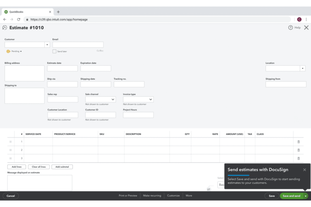 QuickBooks s’intègre à DocuSign pour envoyer des devis à signer électroniquement directement depuis le processus de facturation.