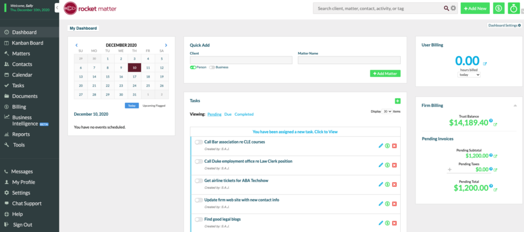 Rocket Matter law firm software dashboard showing tasks, calendar, user billing, trust balance, pending invoices, and matter management tools