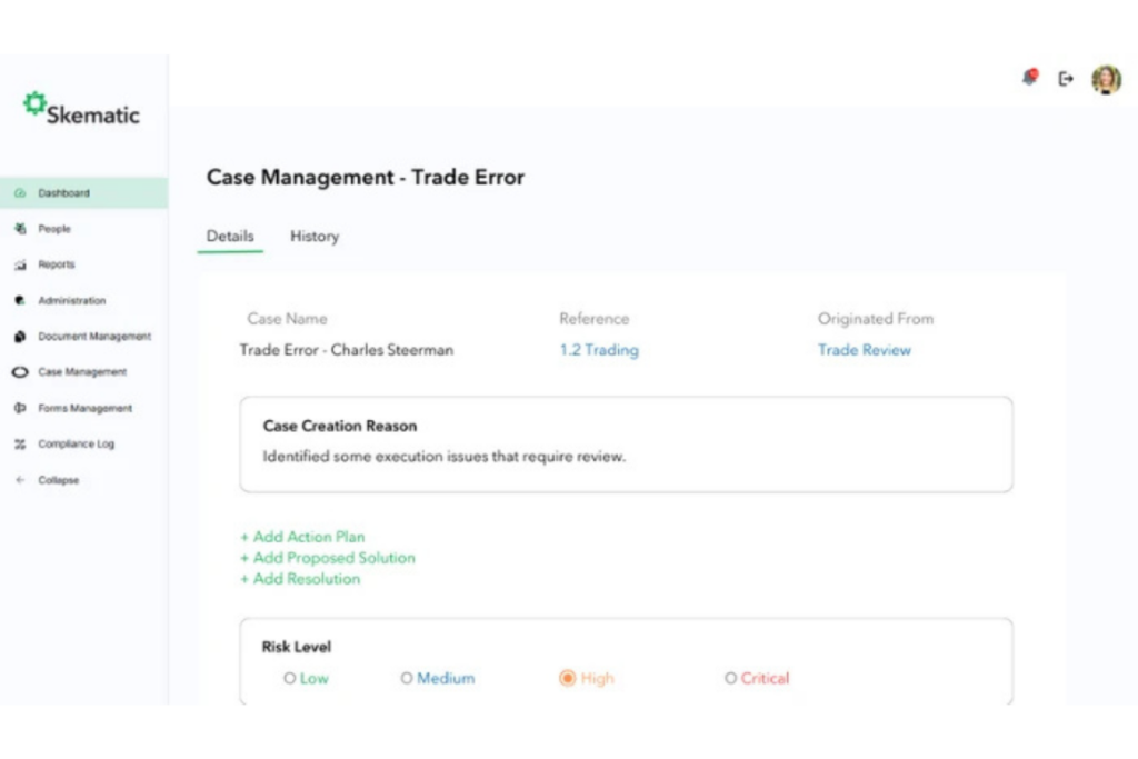 Skematic case management dashboard showing a trade error case, case creation details, risk level, action plan, proposed solution, and resolution tracking.