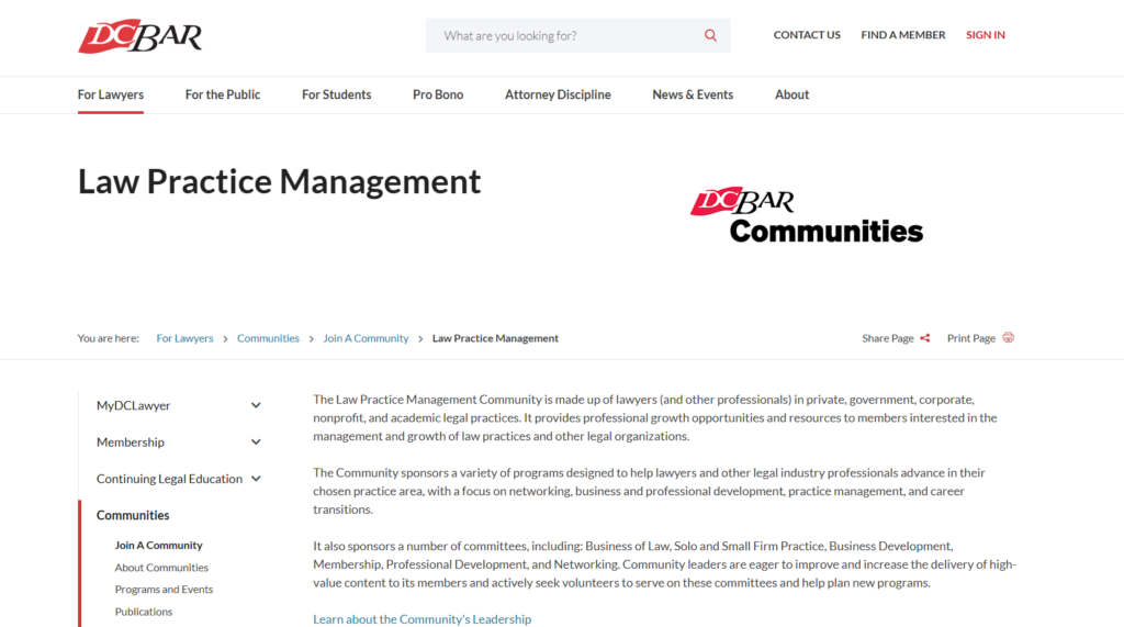 DC Bar Law Practice Management Community webpage